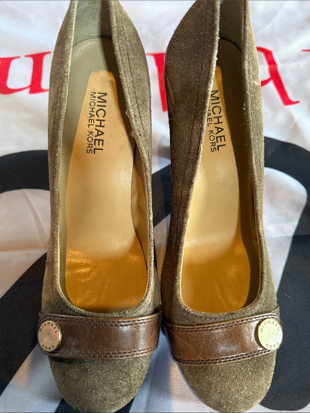 Michael Kors Olive Brown Suede and Leather Round-Toe Heels